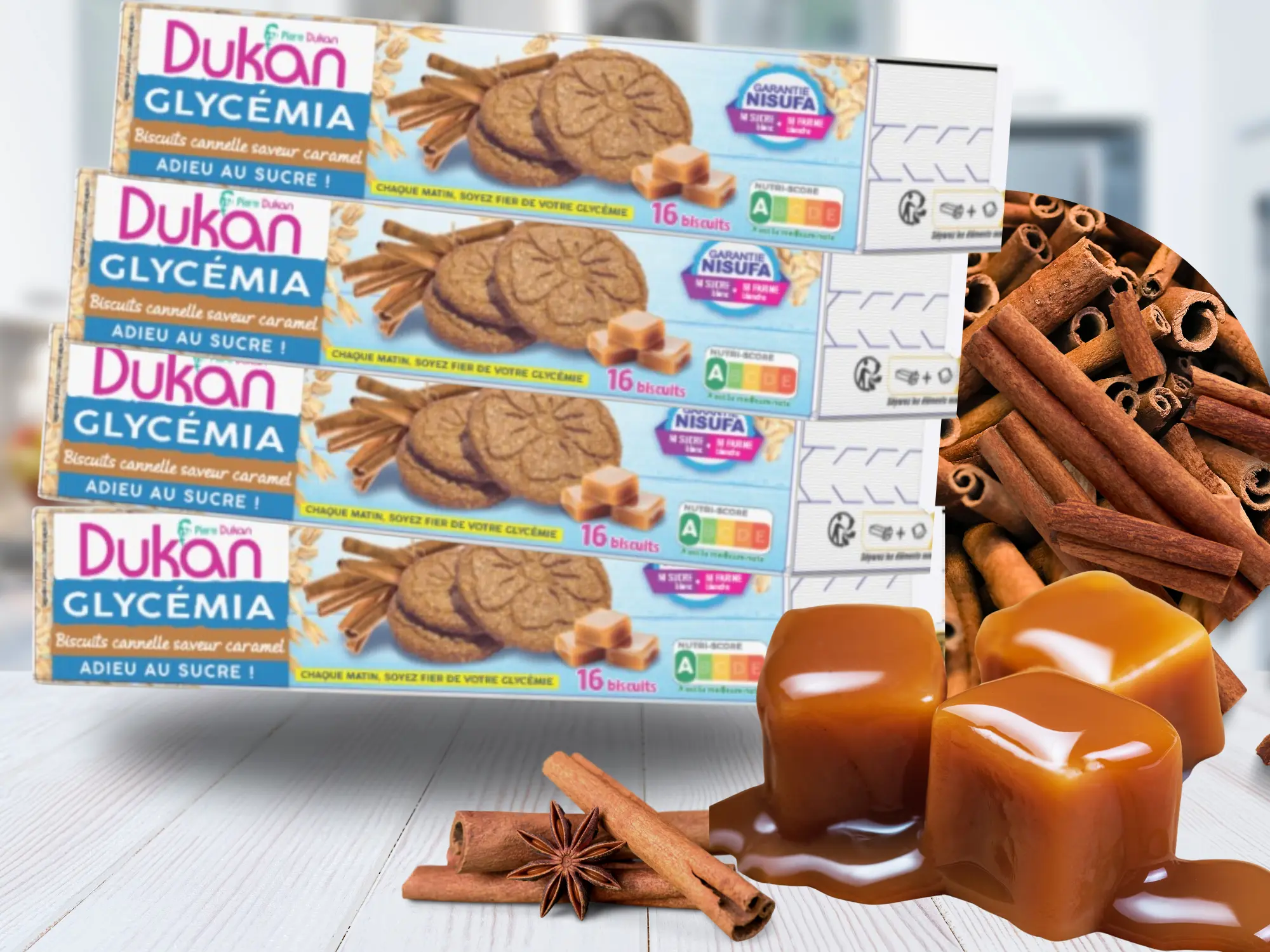 Lote de 4 Galletas glycemia con sabor a caramelo y canela 132G NUEVA RECETA – NUEVO TAMAÑO